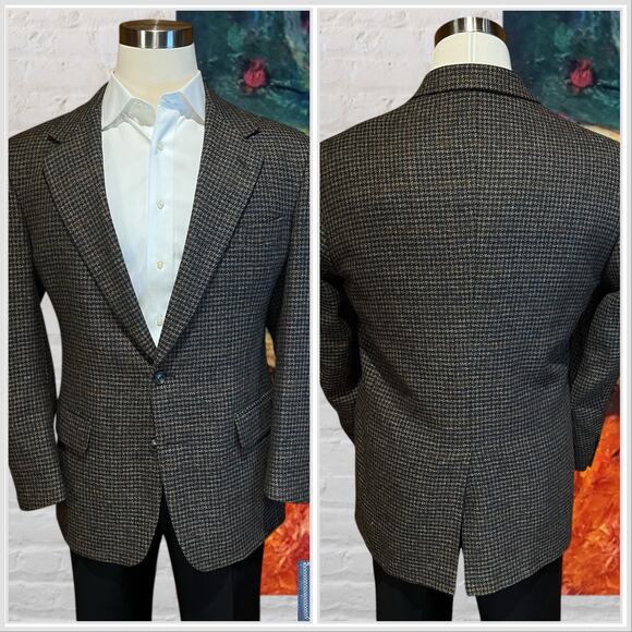 Vintage Burberry Mens 42R Brown Burgundy Tweed Houndstooth Blazer Sport Jacket - Picture 7 of 15